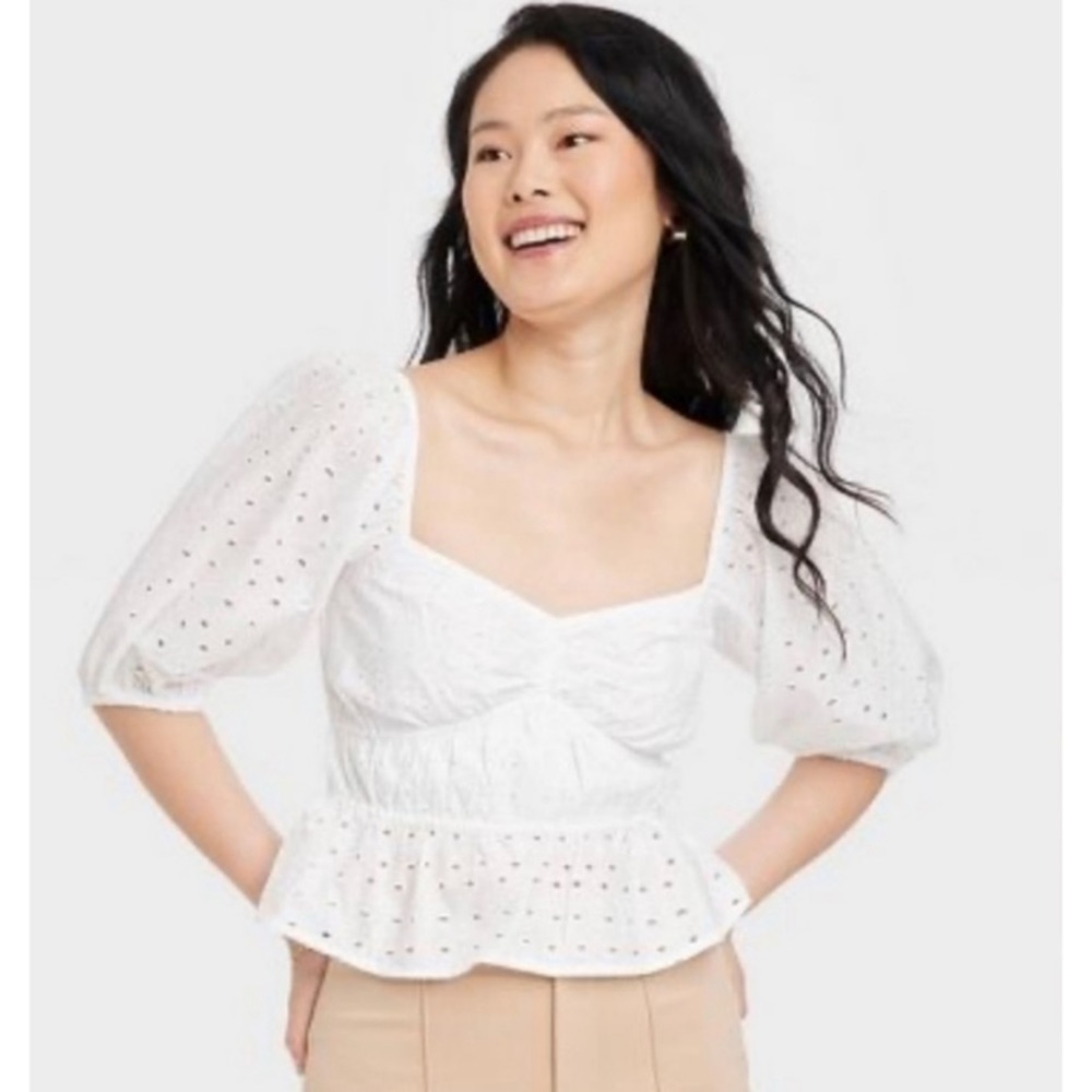 A New Day 100% Cotton White Eyelet Lace Puff Sleeve Crop Top